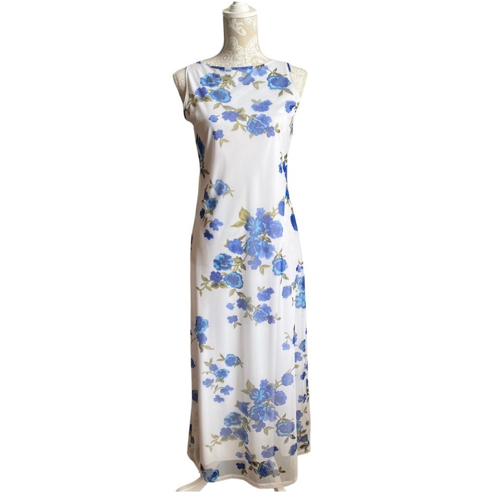 Vintage 90s Floral White and Blue Sheath Maxi Dress